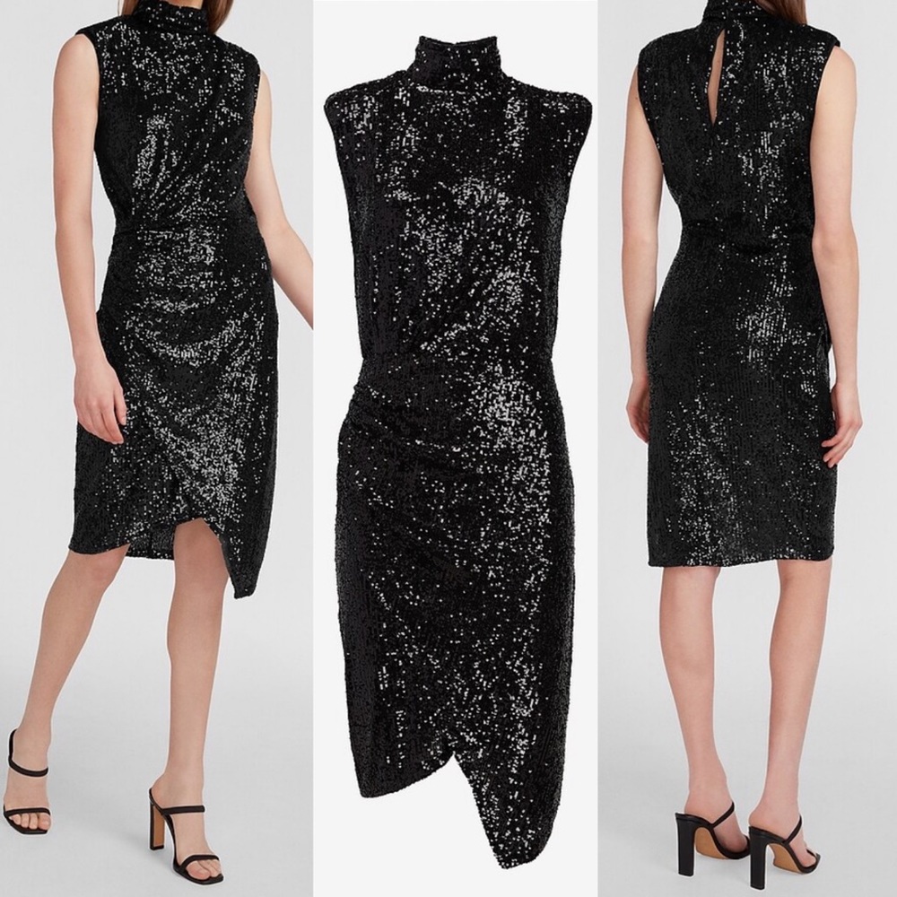 Express Sequin Asymmetrical Mock Neck Dress in Black Womens XXS New NWT